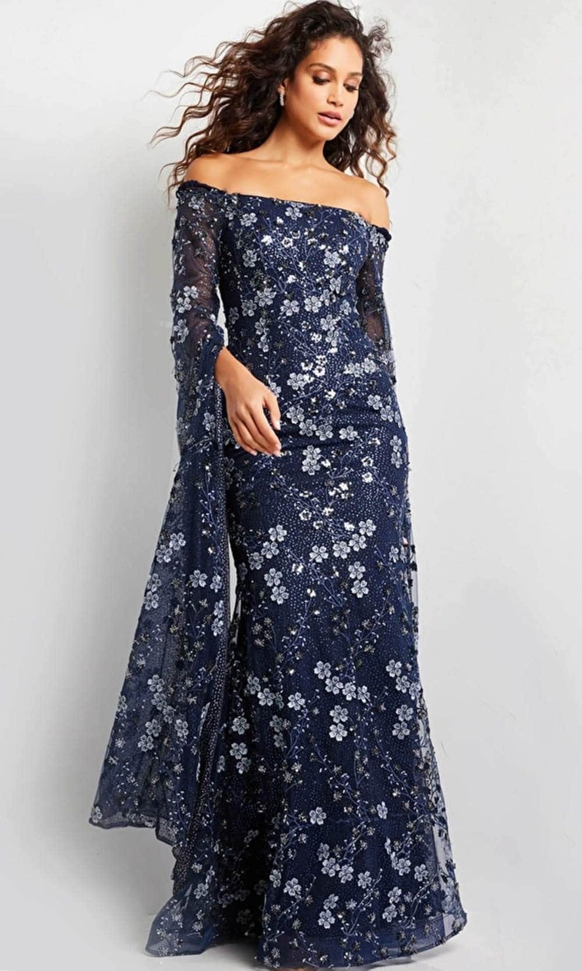 Jovani 26330 - Floral Embroidered Cape Long Gown