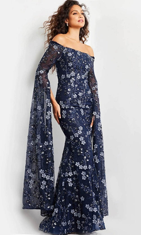 Jovani 26330 - Floral Embroidered Cape Long Gown