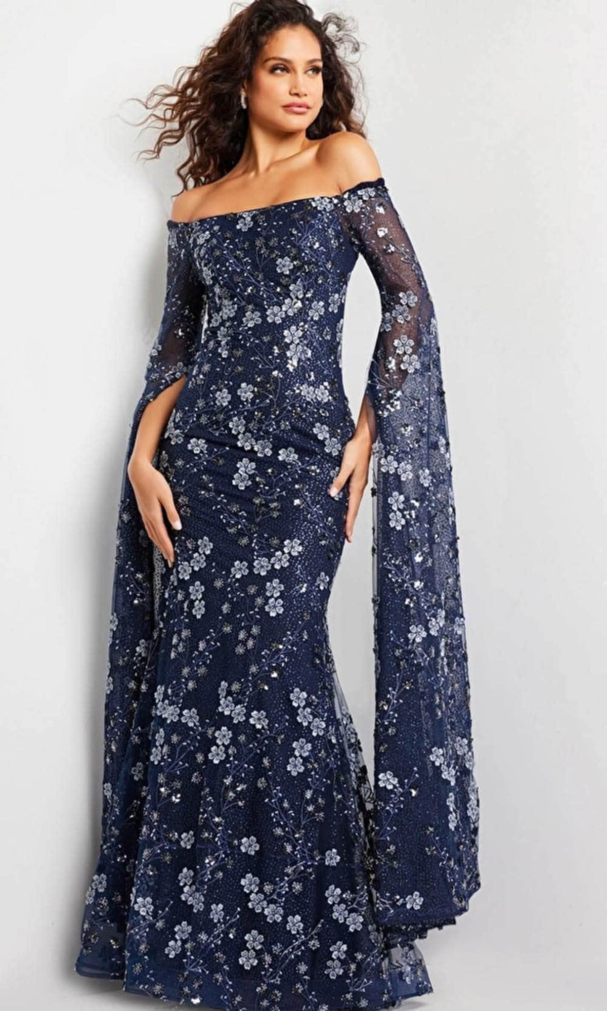 Jovani 26330 - Floral Embroidered Cape Long Gown - Navy - Main