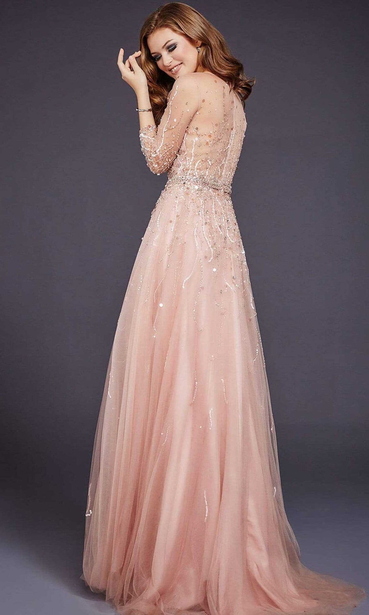 Jovani - 29084 Quarter Sleeve Ornate Illusion Tulle Gown
