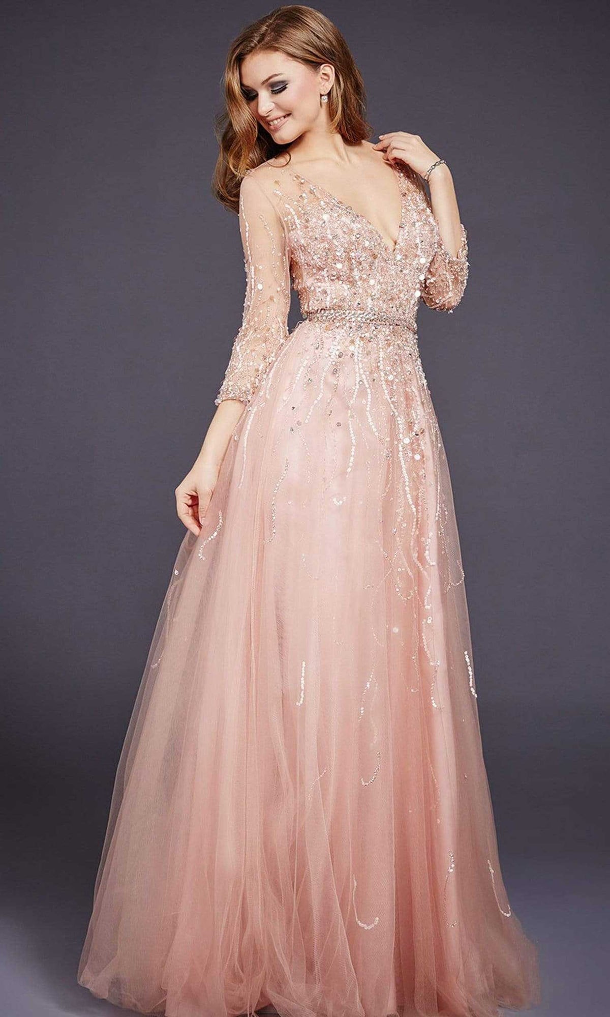 Jovani - 29084 Quarter Sleeve Ornate Illusion Tulle Gown - Blush - Main