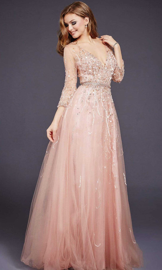 Jovani - 29084 Quarter Sleeve Ornate Illusion Tulle Gown - Blush - Main