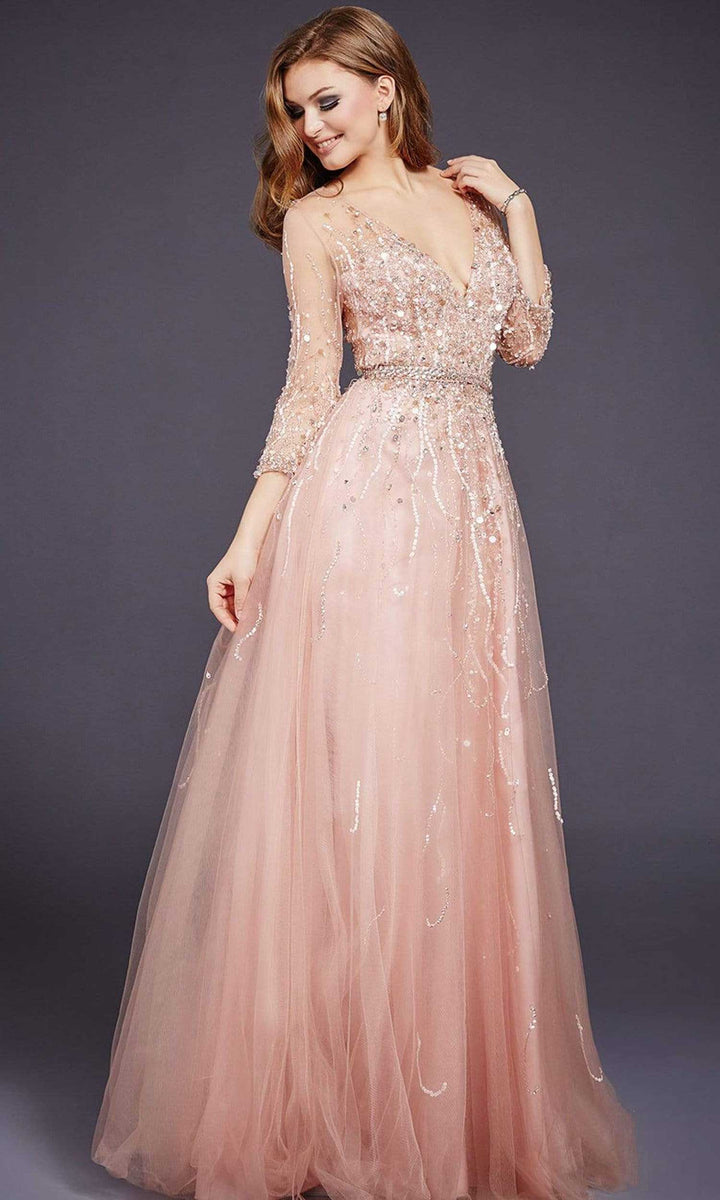 Jovani - 29084 Quarter Sleeve Ornate Illusion Tulle Gown - Blush - Main