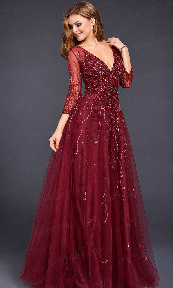 Jovani - 29084 Quarter Sleeve Ornate Illusion Tulle Gown
