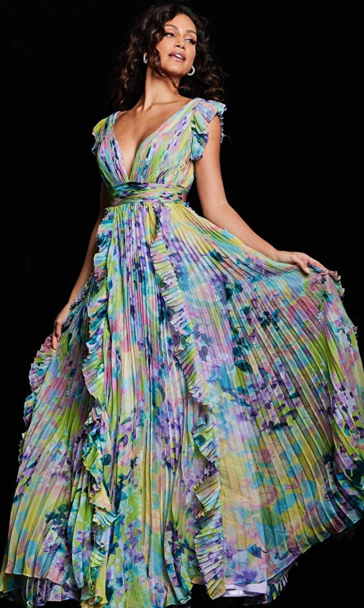 Jovani 34412 - Floral Print Flutter Long Dress - Print - Main