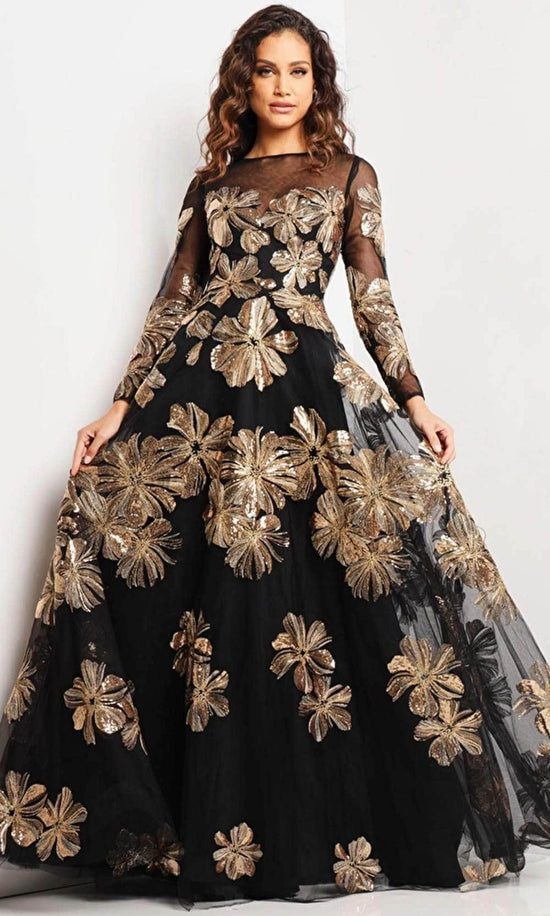 Jovani 36716 - Floral A-line Evening Gown - Black/Gold - Main