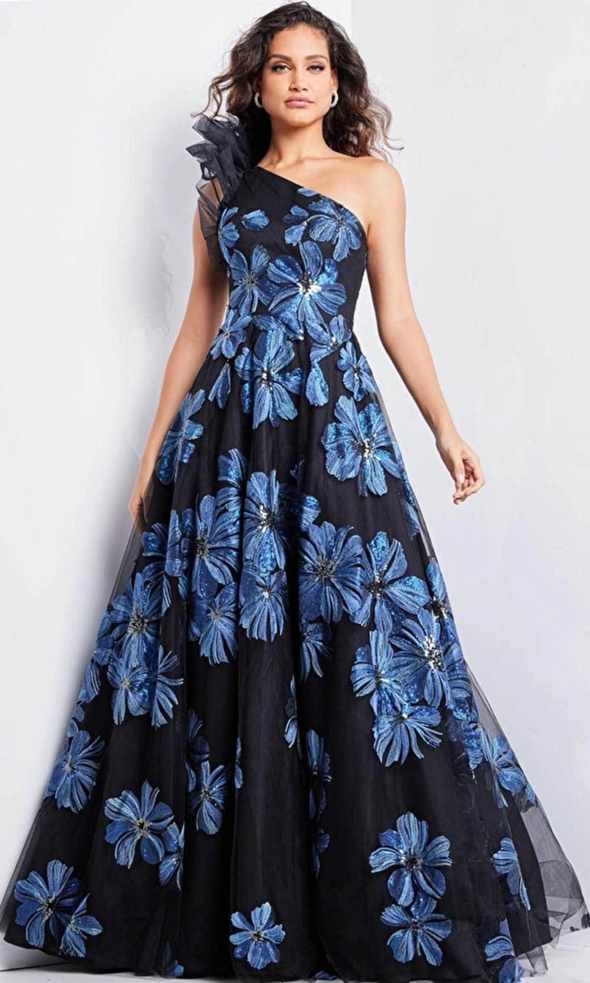 Jovani 36717 - Floral A-Line Evening Gown - Navy Black - Main