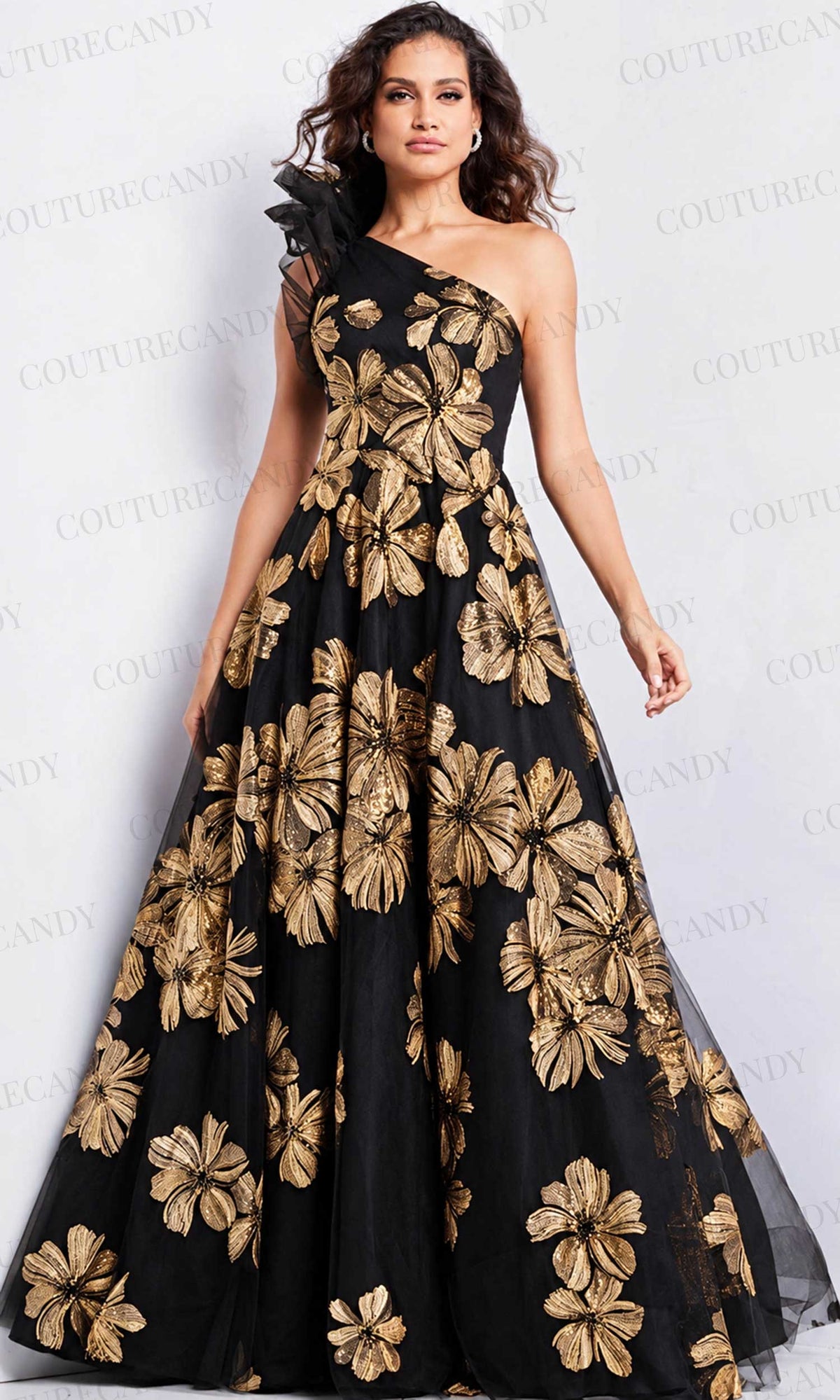 Jovani 36717 - Floral A-Line Evening Gown - Navy Black - Main