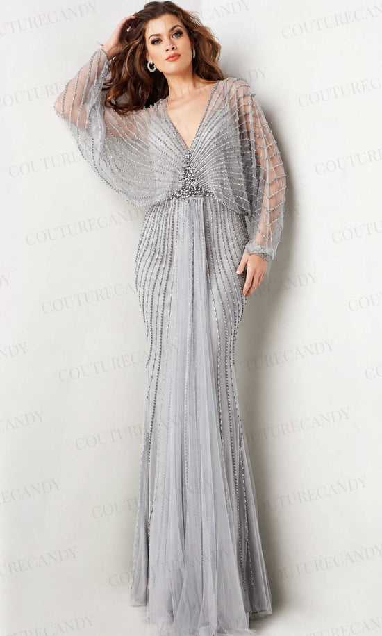 Jovani 36744 - Beaded V-Neck Gown with Batwing Sleeves