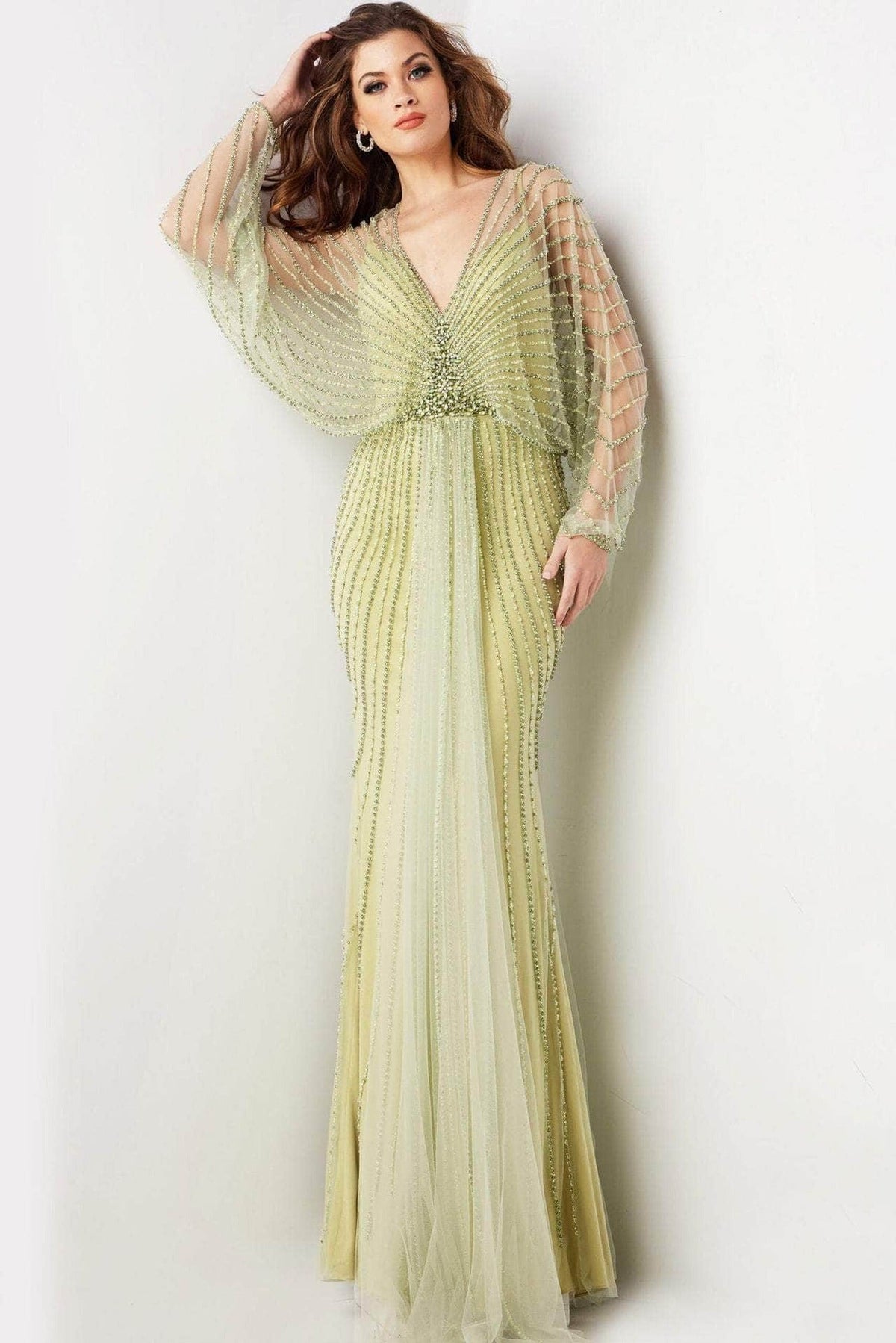 Jovani 36744 - Beaded V-Neck Gown with Batwing Sleeves - Olive - Main