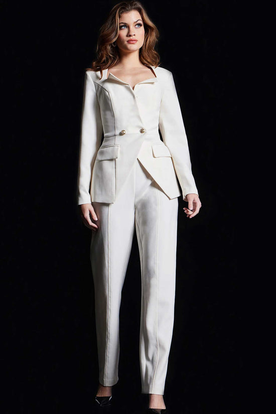 Jovani 37031 Asymmetric Collar Crepe Pantsuit - Ivory - Main