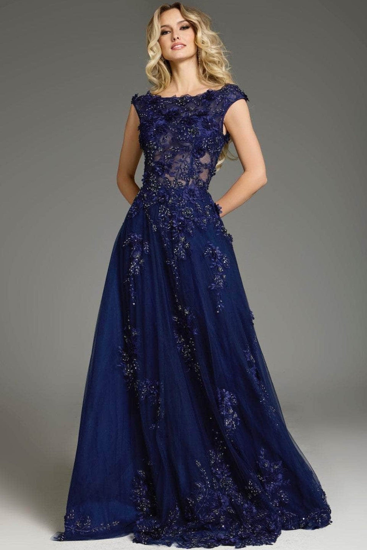 Jovani 37070 - Lace Floral Cape Sleeve Prom Gown