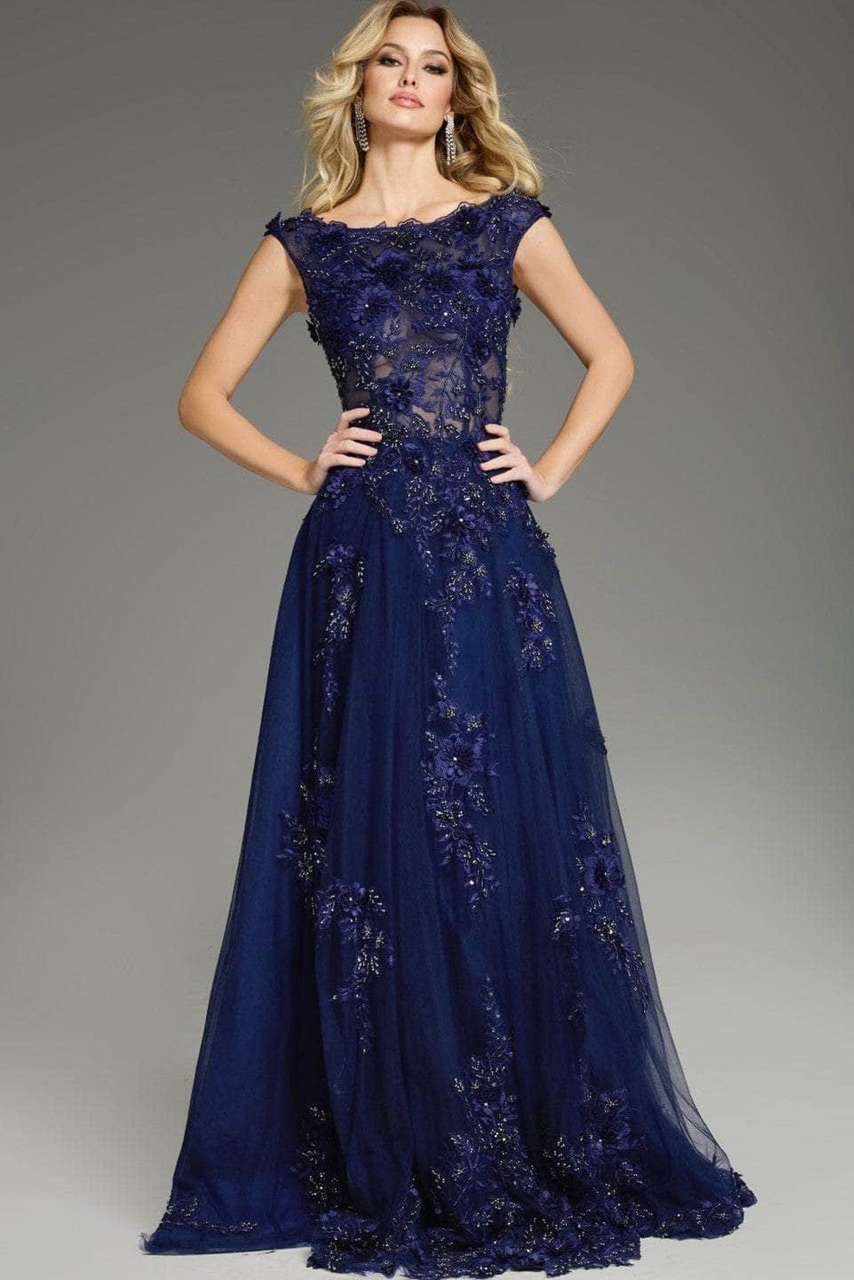 Jovani 37070 - Lace Floral Cape Sleeve Prom Gown - Navy - Main