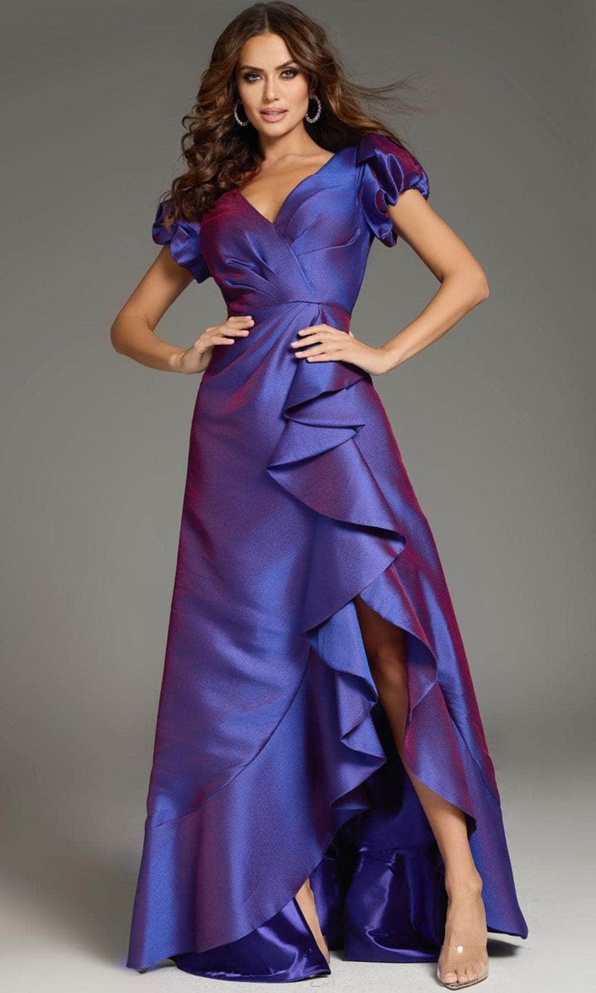 Jovani 37097 - Short Puff Sleeve Ruffle Prom Gown - Purple - Main