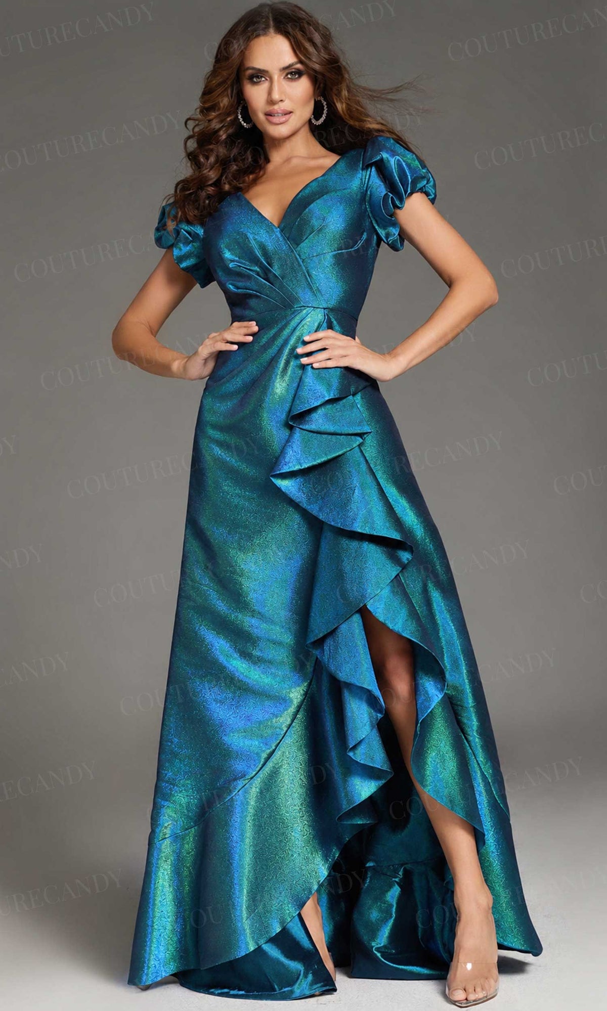 Jovani 37097 - Short Puff Sleeve Ruffle Prom Gown