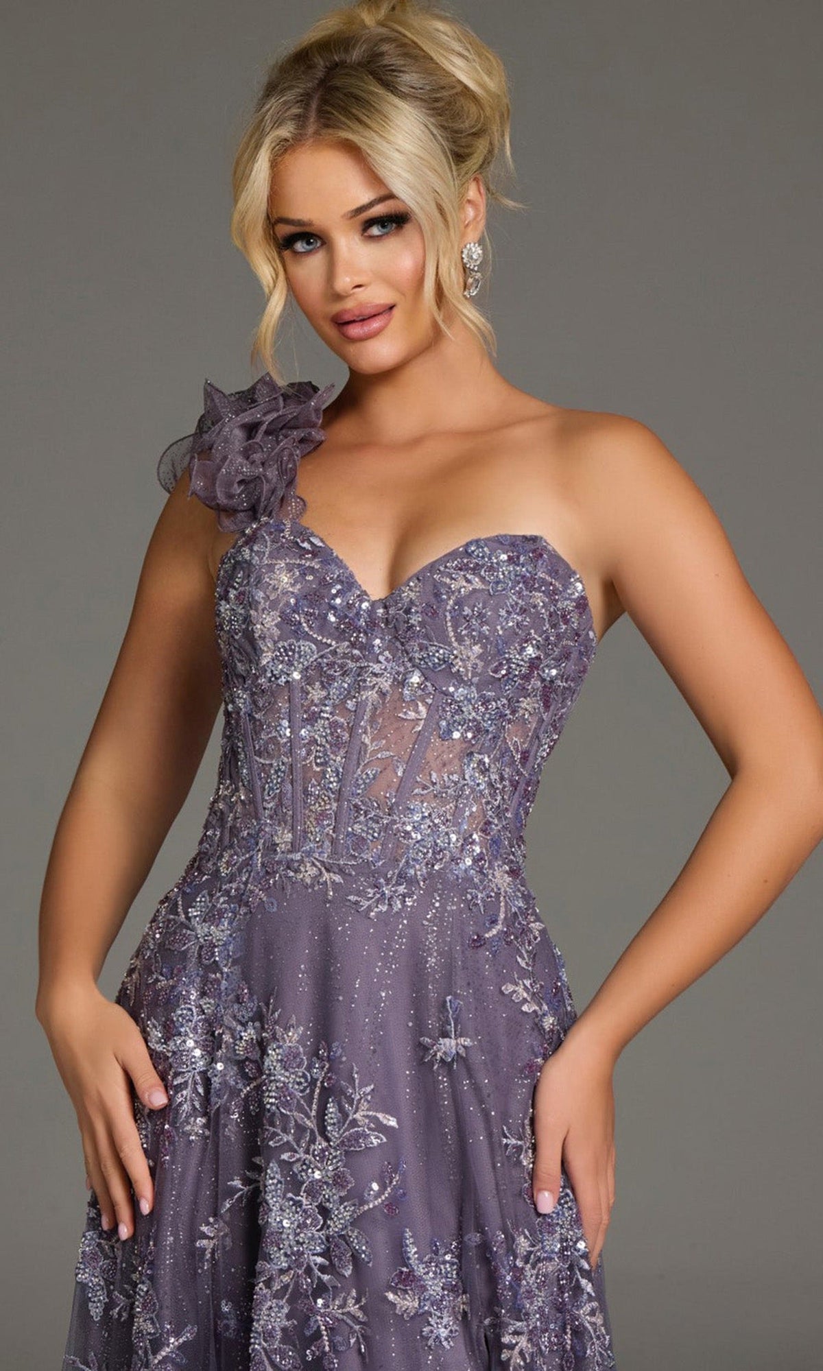Jovani 37353 - One Shoulder Floral Embroidered Gown