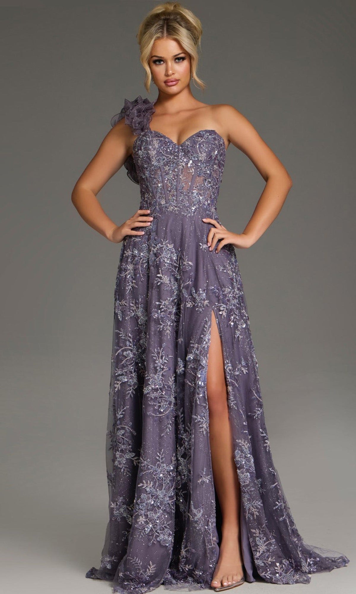 Jovani 37353 - One Shoulder Floral Embroidered Gown