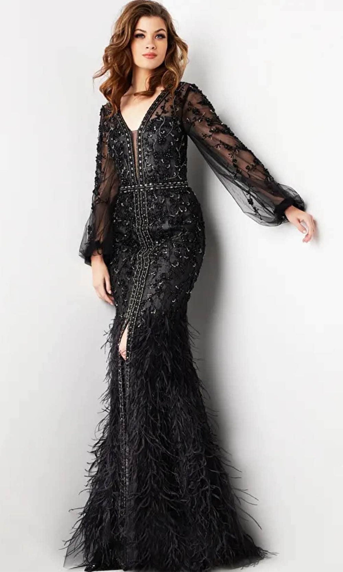 Jovani 37558 - V-Neck Beaded Evening Dress - Black - Main