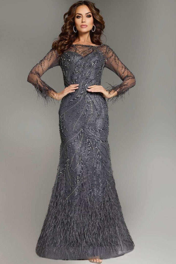 Jovani 37560 - Bateau Neck Beaded Prom Gown - Charcoal - Main