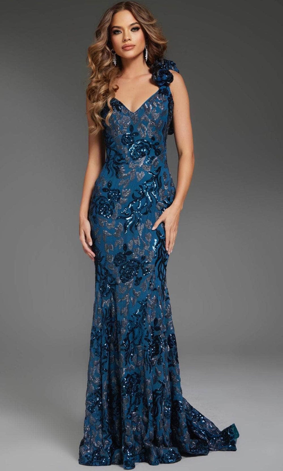 Jovani 37634 - Floral Sequin One-Shoulder Prom Gown - Slate - Main