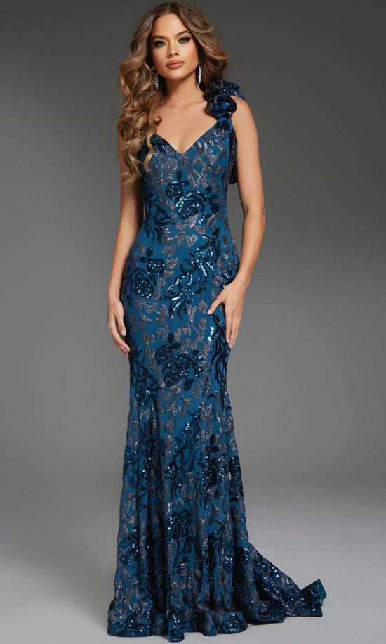 Jovani 37634 - Floral Sequin One-Shoulder Prom Gown - Slate - Main