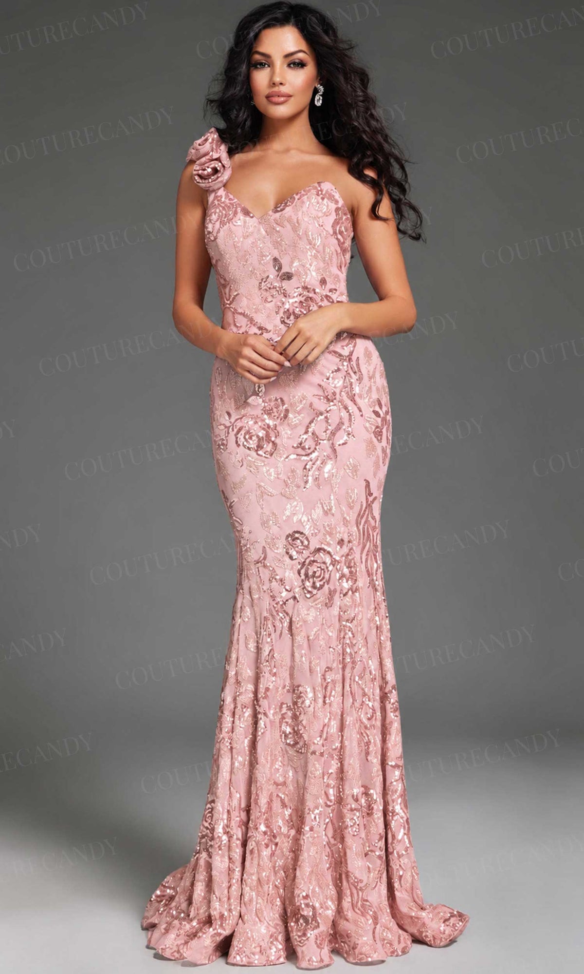 Jovani 37634 - Floral Sequin One-Shoulder Prom Gown