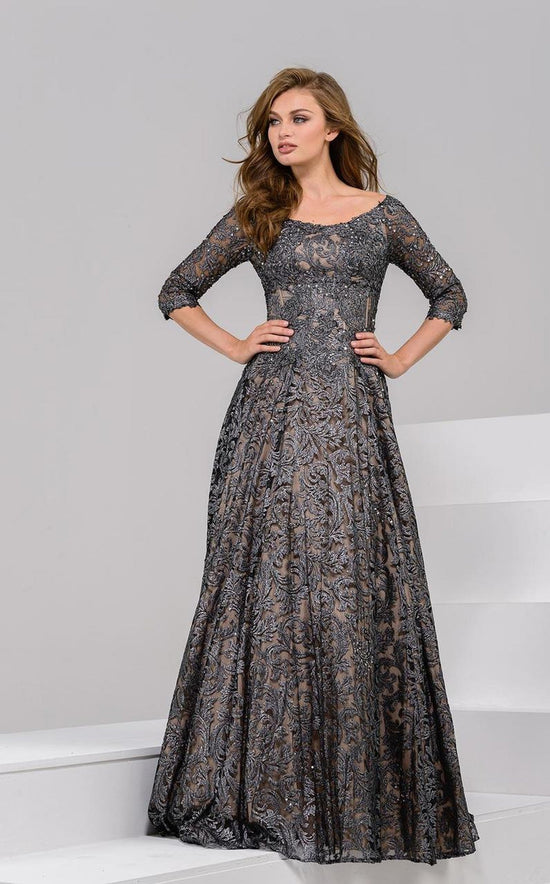 Jovani - 37938 Scoop Quarter Length Sleeves A Line Gown - Grey - Main
