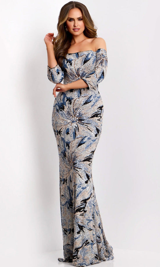 Jovani 38109 - Off Shoulder Floral Sequin Evening Gown