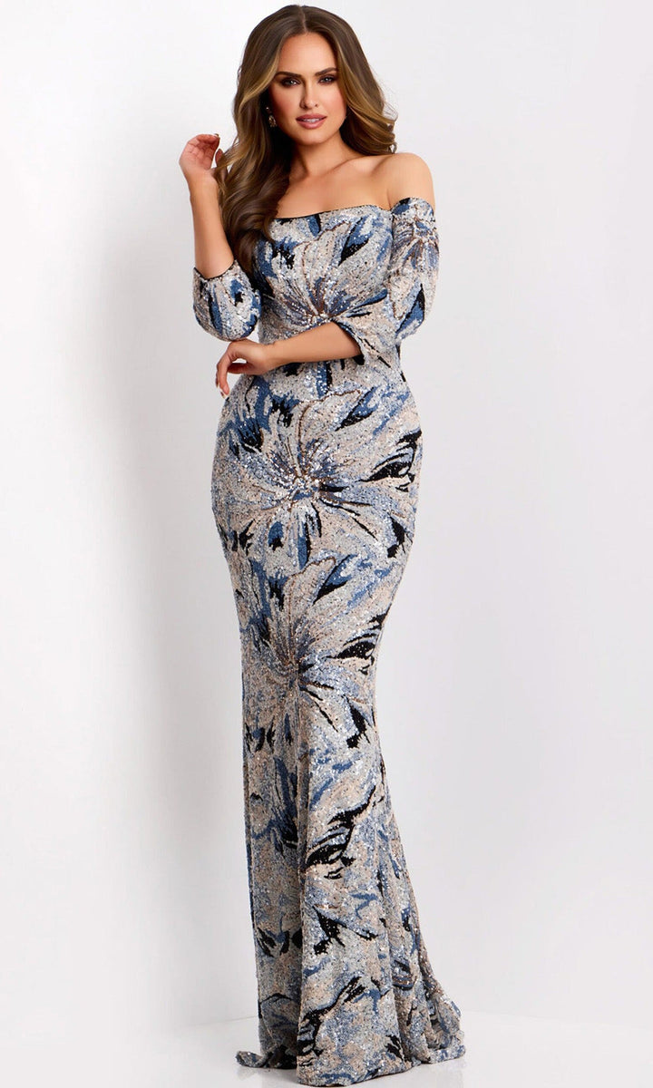 Jovani 38109 - Off Shoulder Floral Sequin Evening Gown