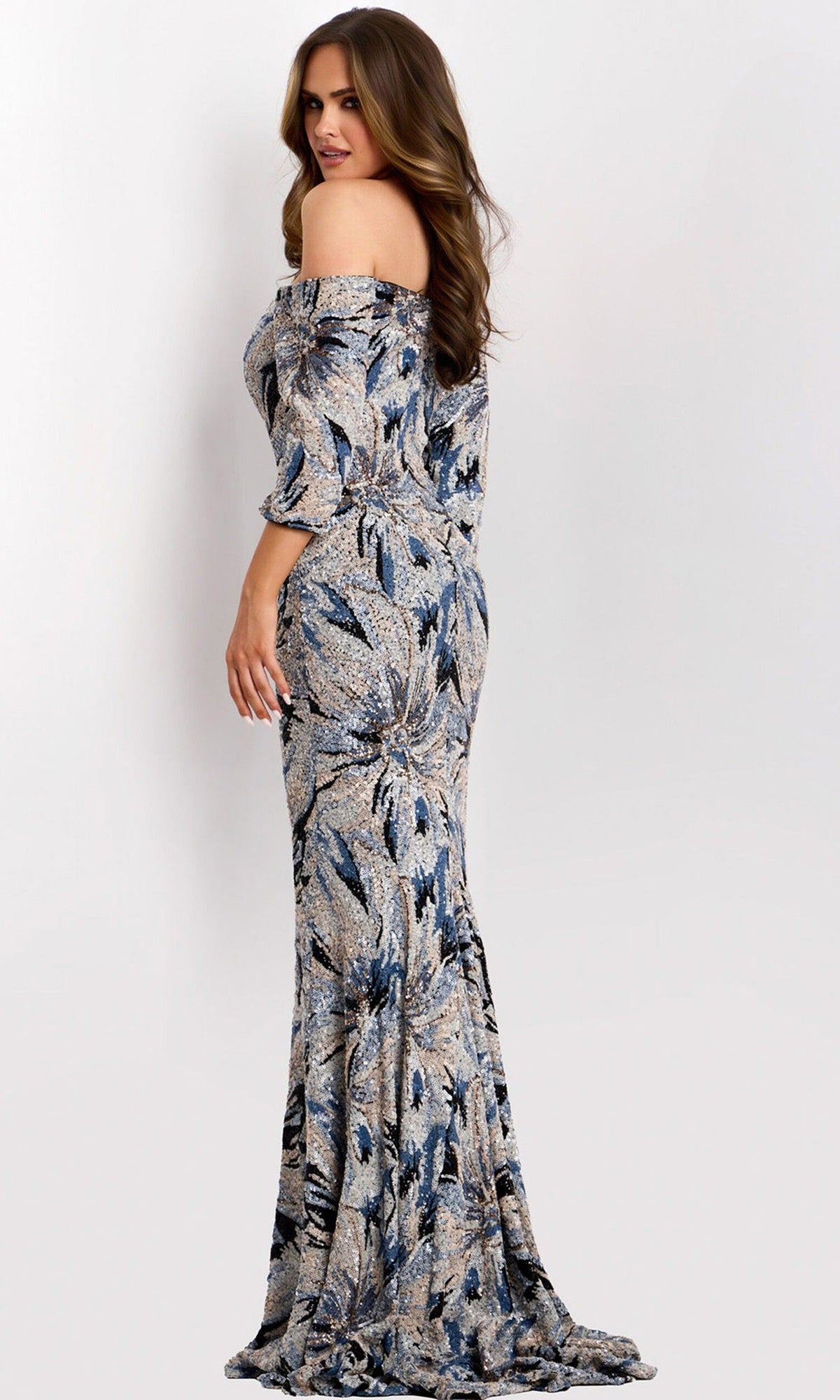Jovani 38109 - Off Shoulder Floral Sequin Evening Gown