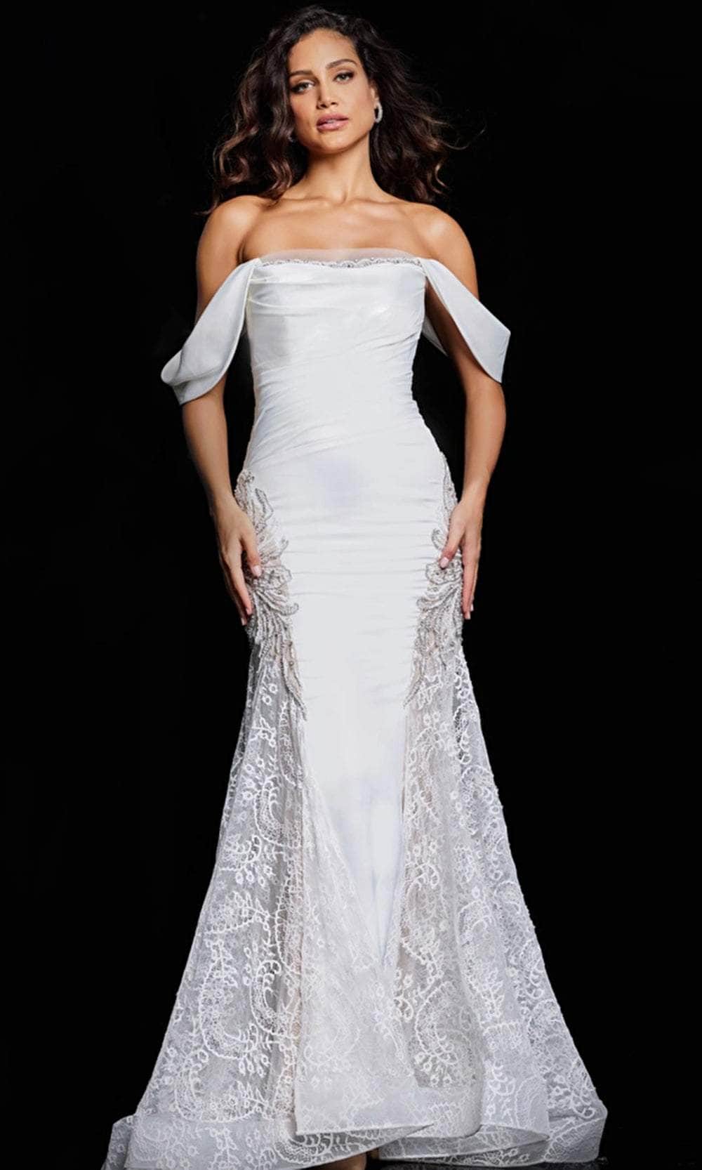 Jovani 38501 - Off-Shoulder Straight-Across Neck Dress - Ivory - Main