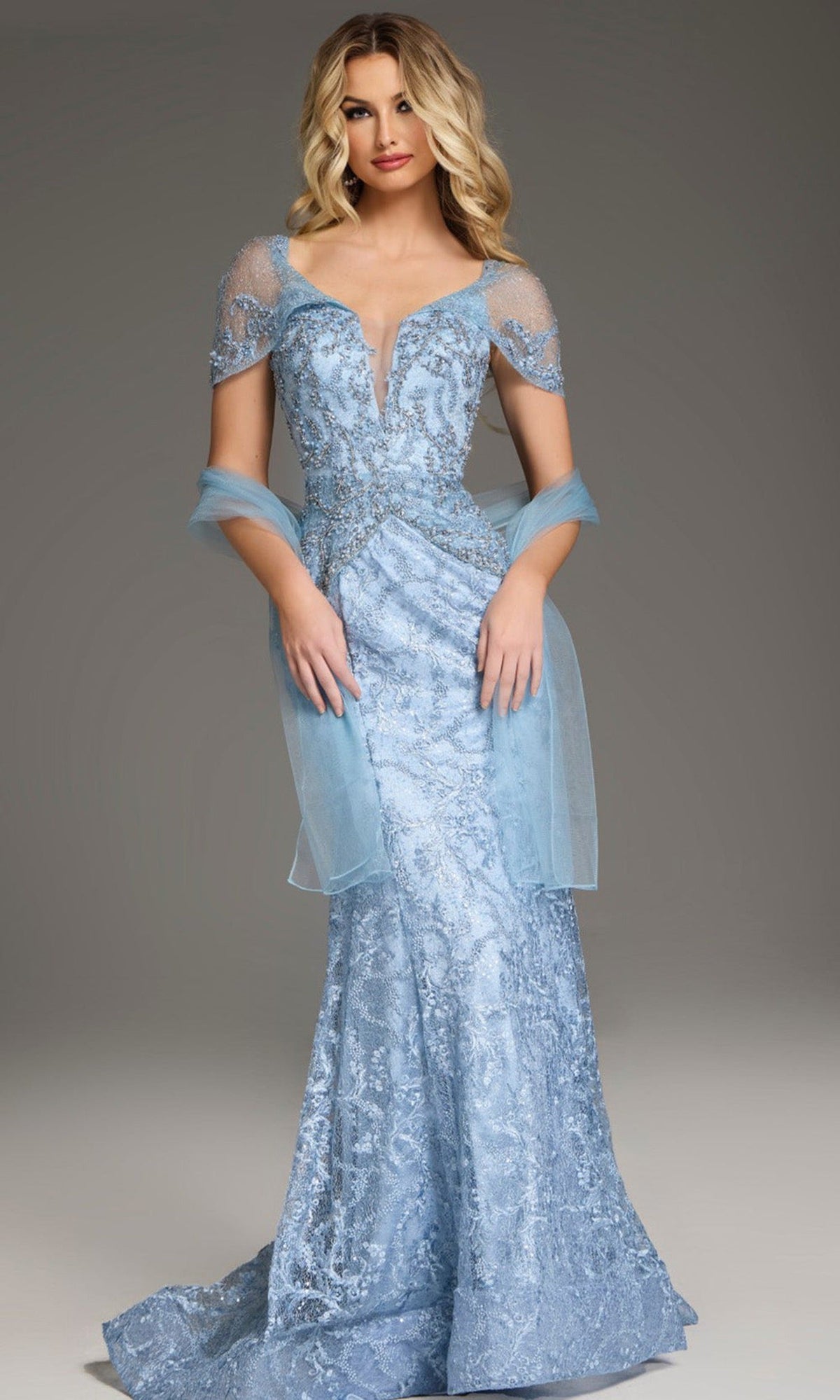 Jovani 38514 - Beaded Lace Plunging V-Neckline Gown - Blue - Main
