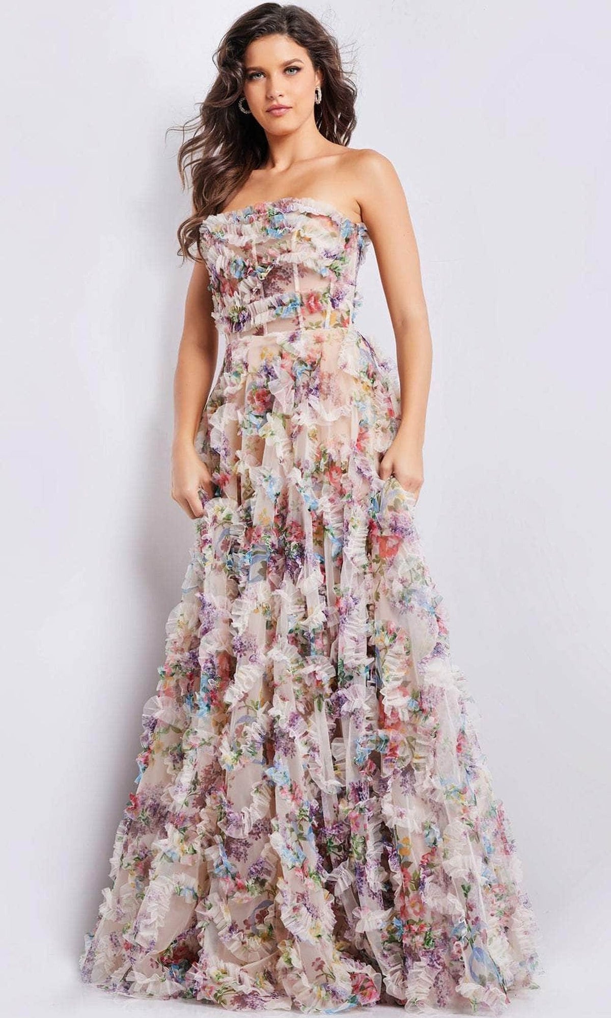 Jovani 38650 - Floral Print Ruffled A-line Gown - Multi - Main