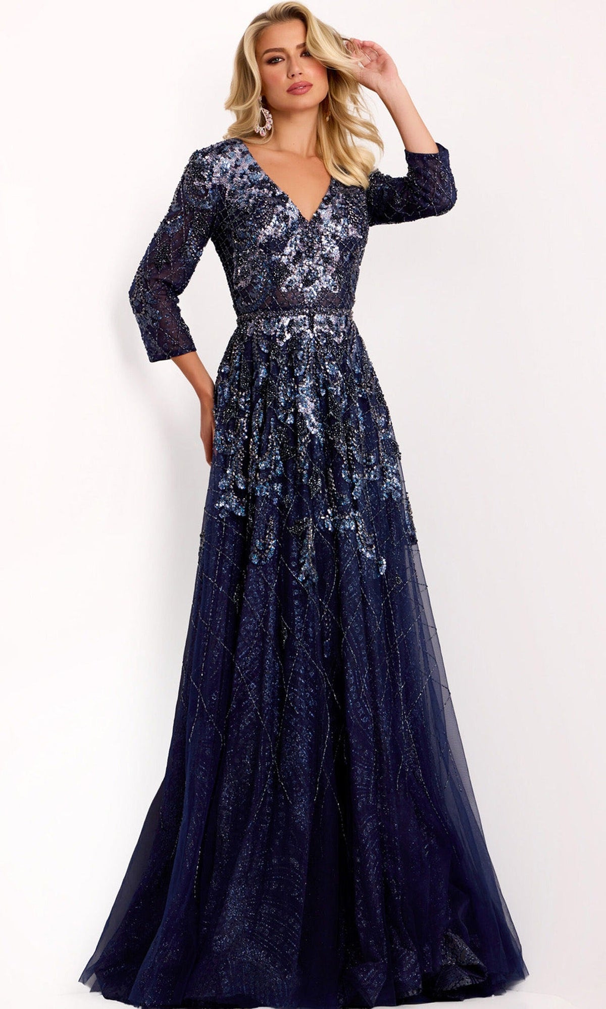 Jovani 38756 - V-Neck Sequin Embroidered Evening Gown - Navy - Main