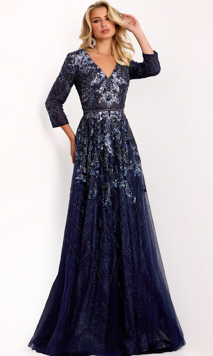 Jovani 38756 - V-Neck Sequin Embroidered Evening Gown - Navy - Main