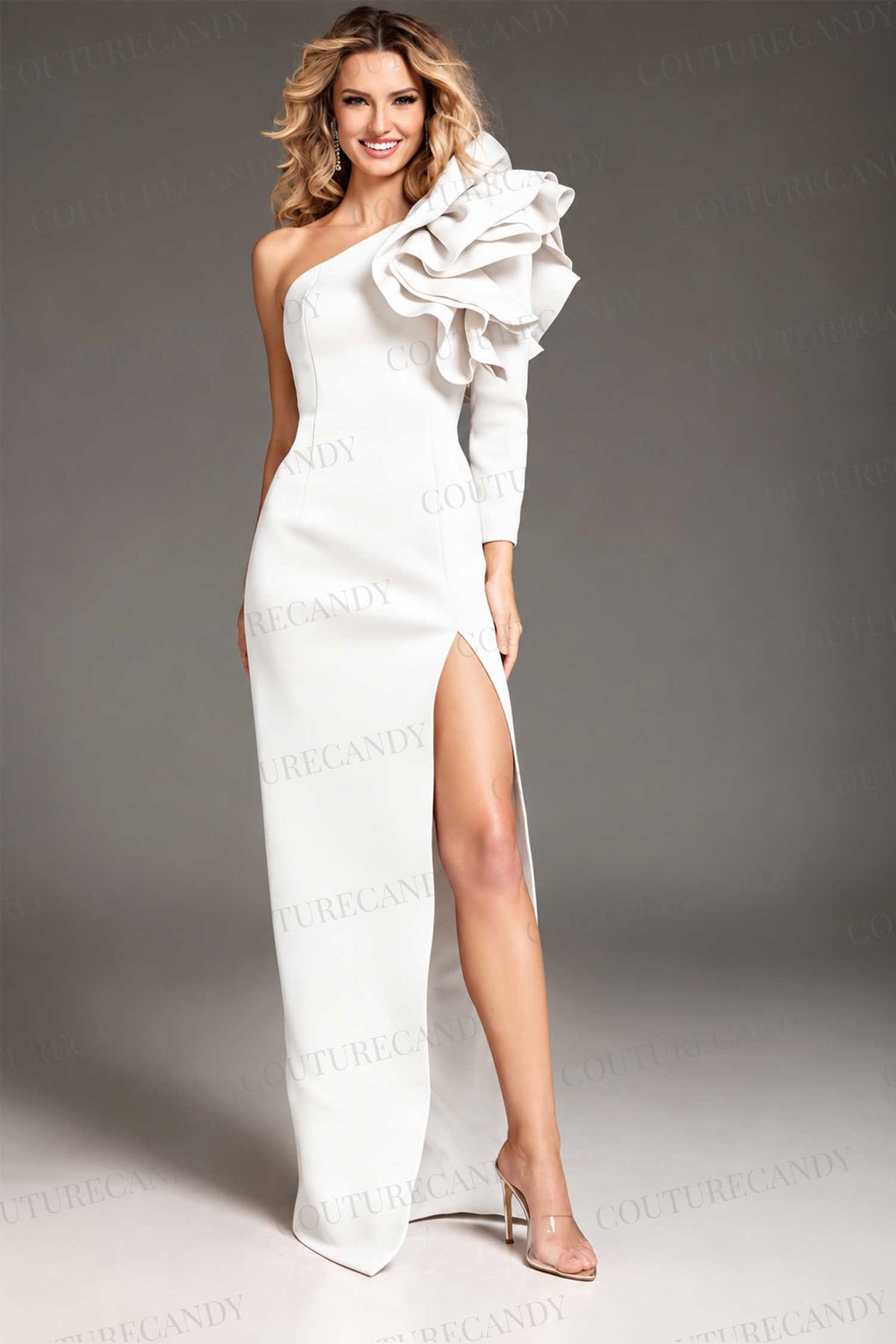Jovani 38928 - High Slit Ruffled Sleeve Prom Gown