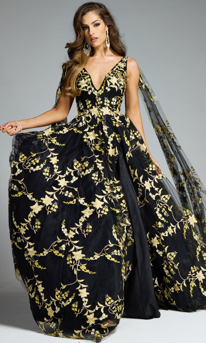 Jovani 39035 - Embroidered Floral Gown with Cape Sleeves