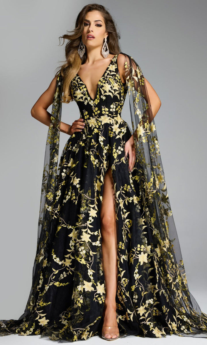 Jovani 39035 - Embroidered Floral Gown with Cape Sleeves - Black-Yellow - Main