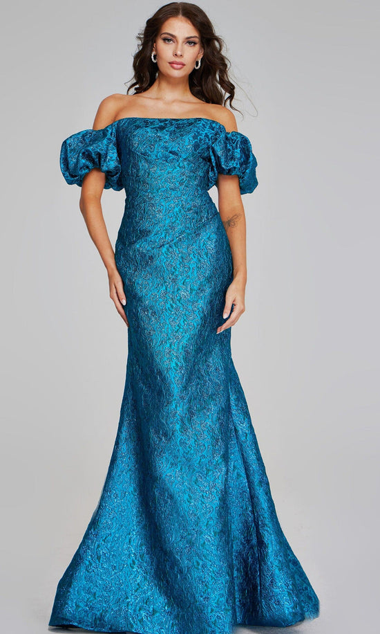 Jovani 39113 - Off Shoulder Puff Sleeve Evening Gown - Teal - Main