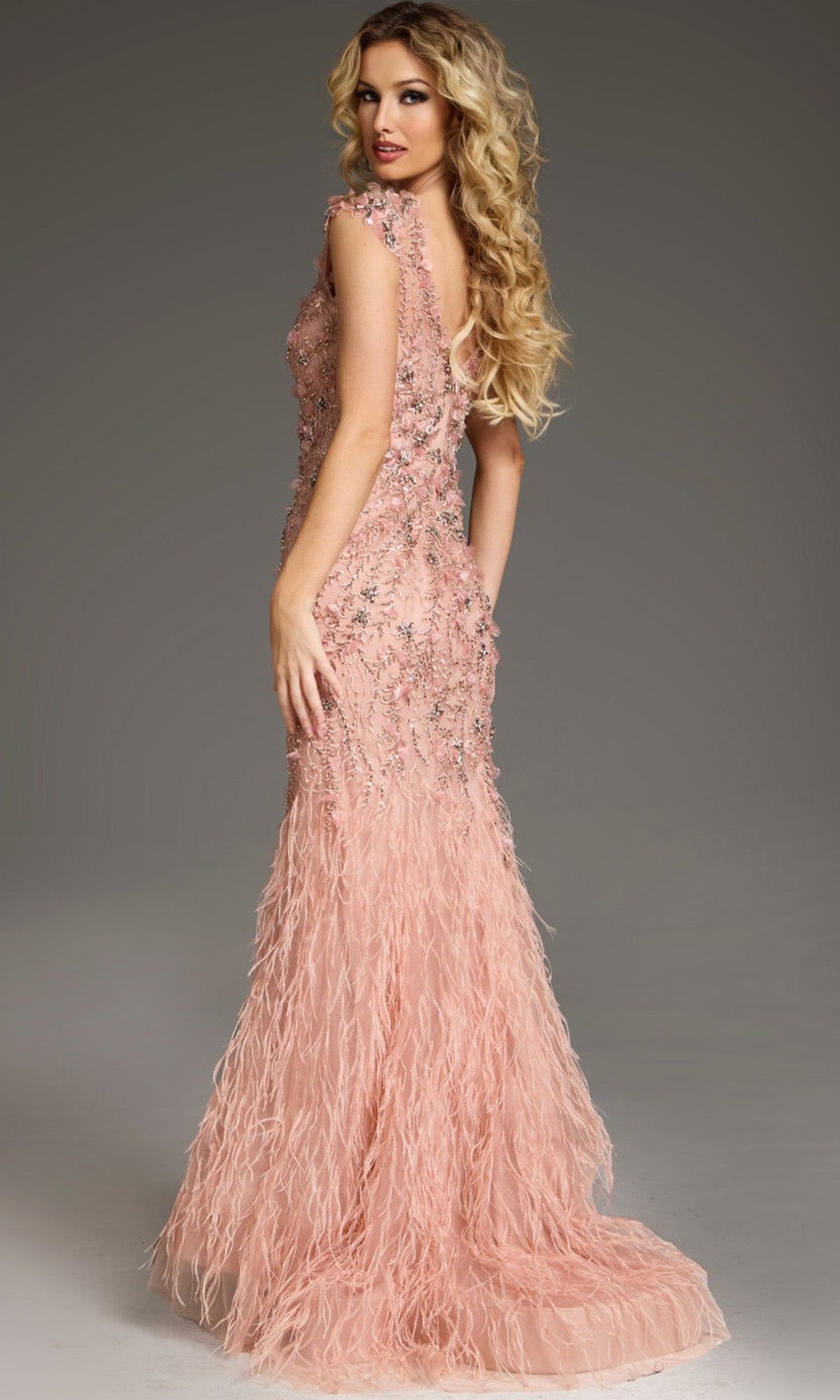 Jovani 39174 - Plunging Neck Feather Mermaid Gown