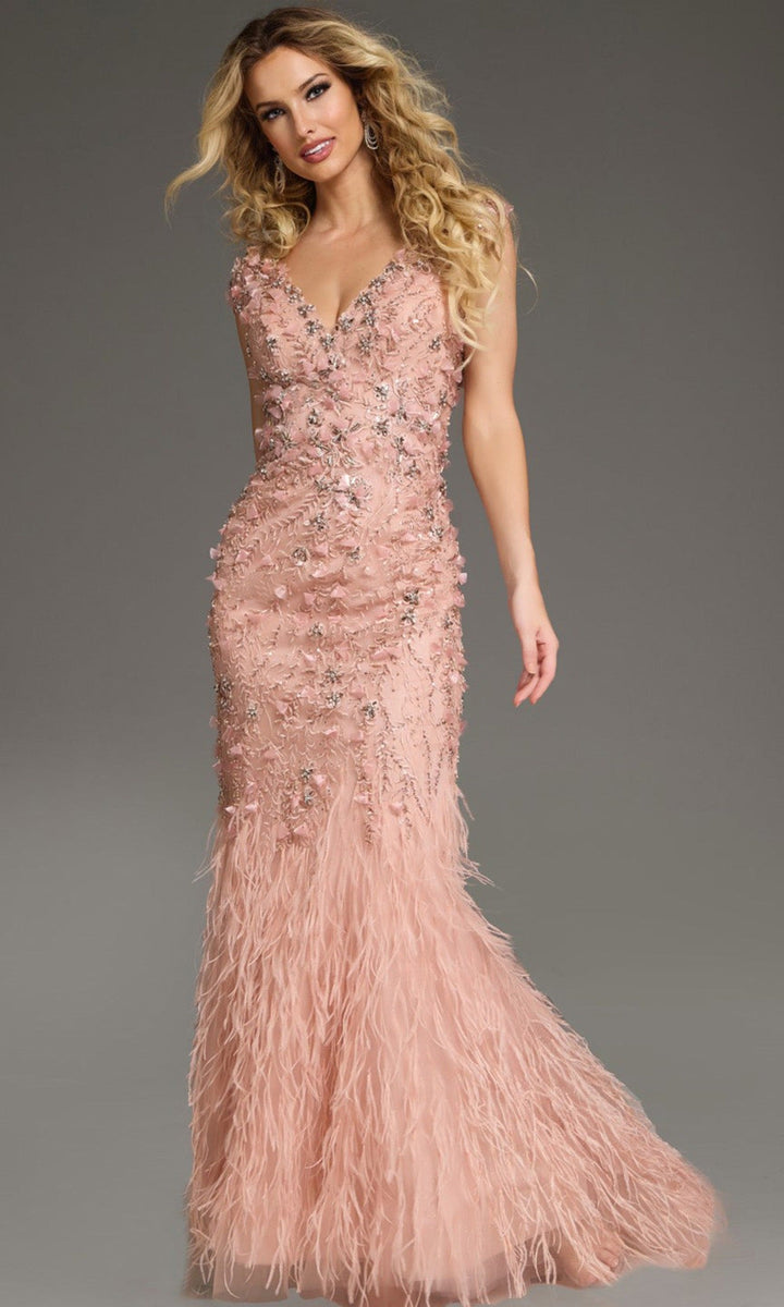 Jovani 39174 - Plunging Neck Feather Mermaid Gown - Blush - Main