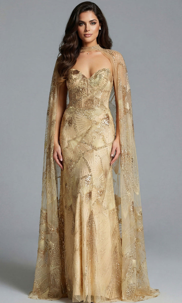 Jovani 39214 - Geometric Beaded Sweetheart Gown with Cape - Gold - Main