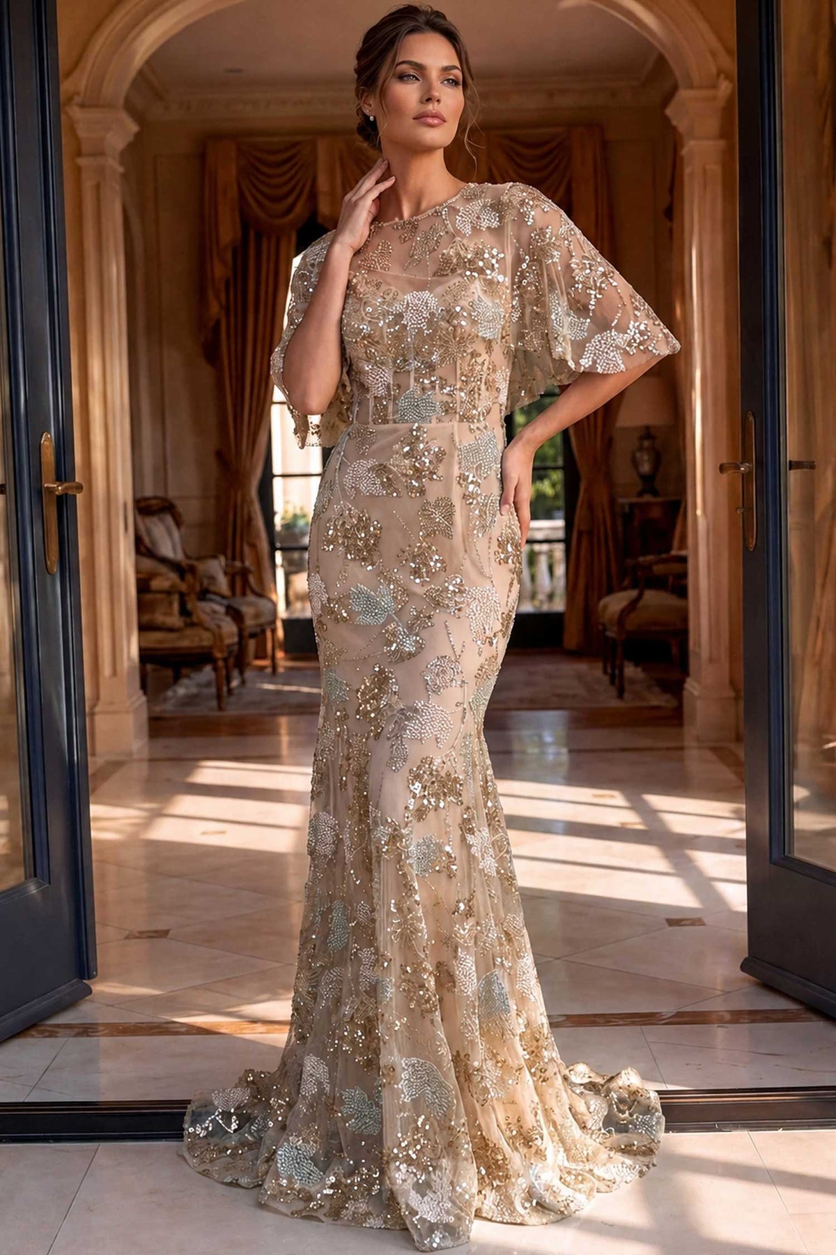Jovani 39216 Beaded Cape Sleeve Mermaid Dress