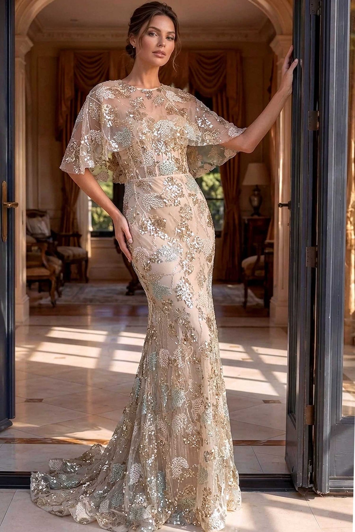 Jovani 39216 Beaded Cape Sleeve Mermaid Dress