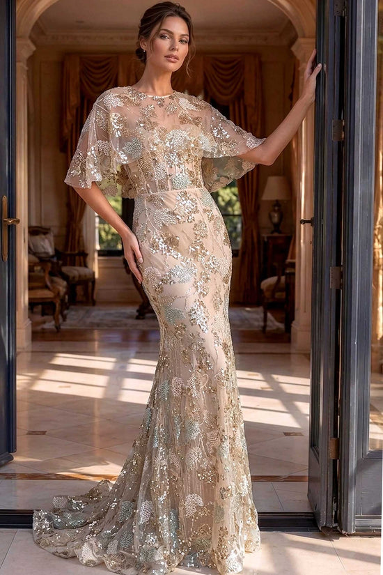 Jovani 39216 Beaded Cape Sleeve Mermaid Dress