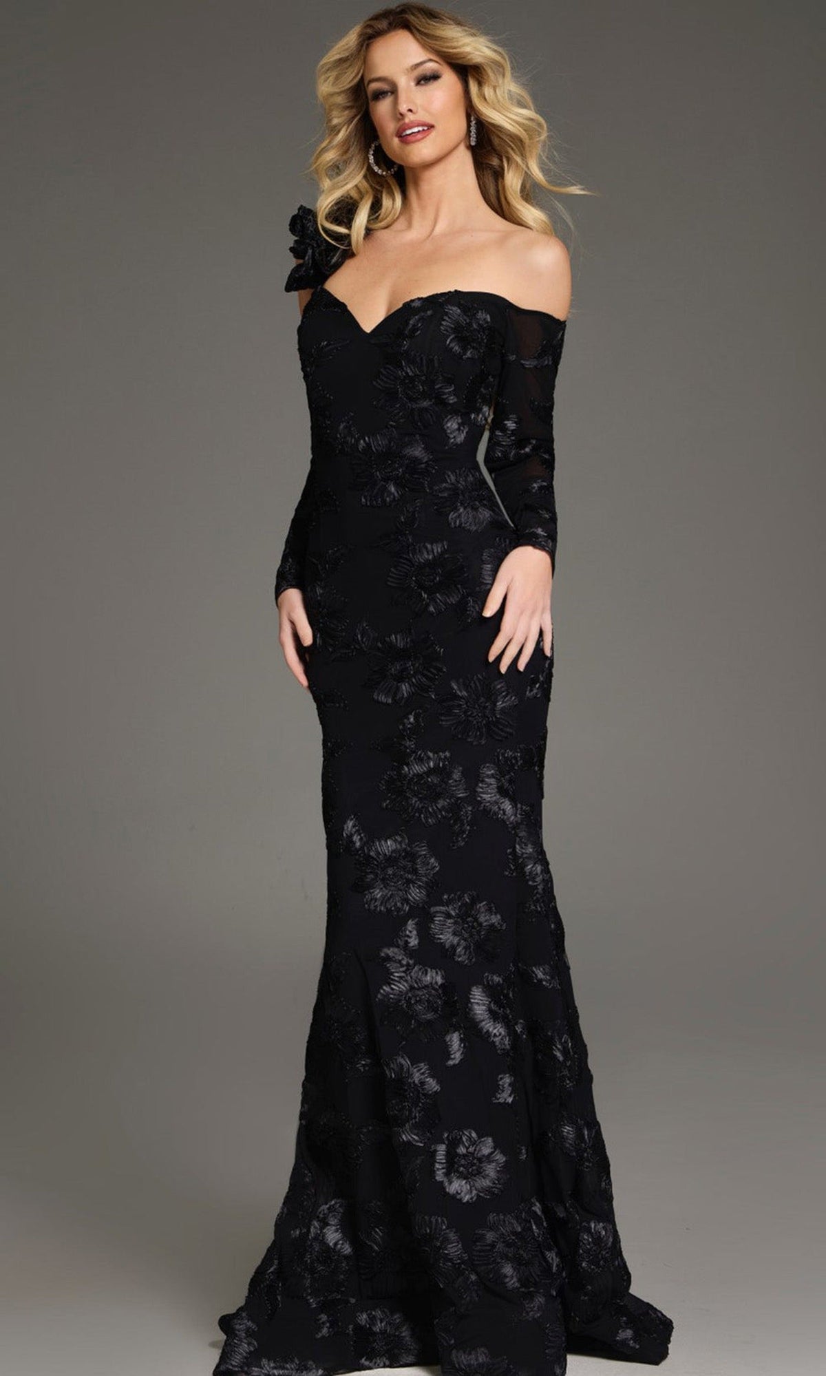 Jovani 39266 - Long Sleeve Floral Lace Evening Gown - Black - Main