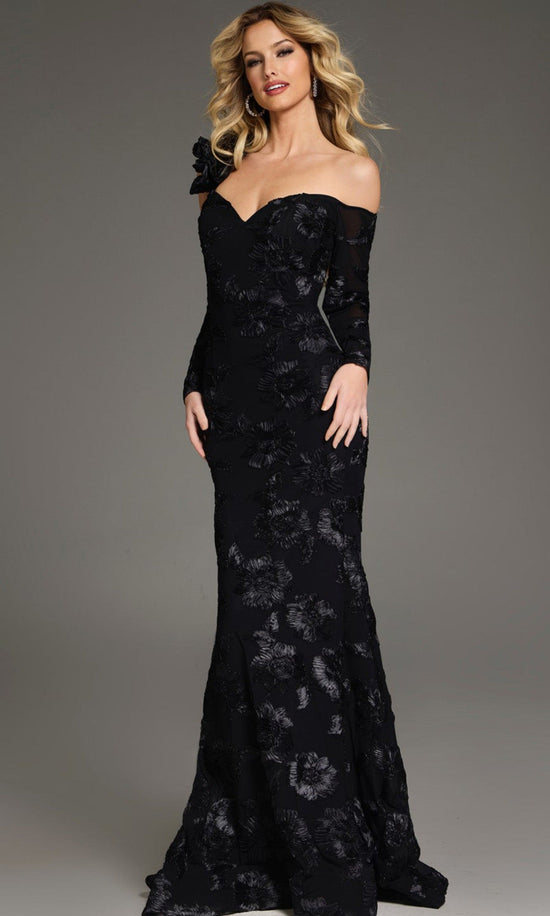 Jovani 39266 - Long Sleeve Floral Lace Evening Gown - Black - Main