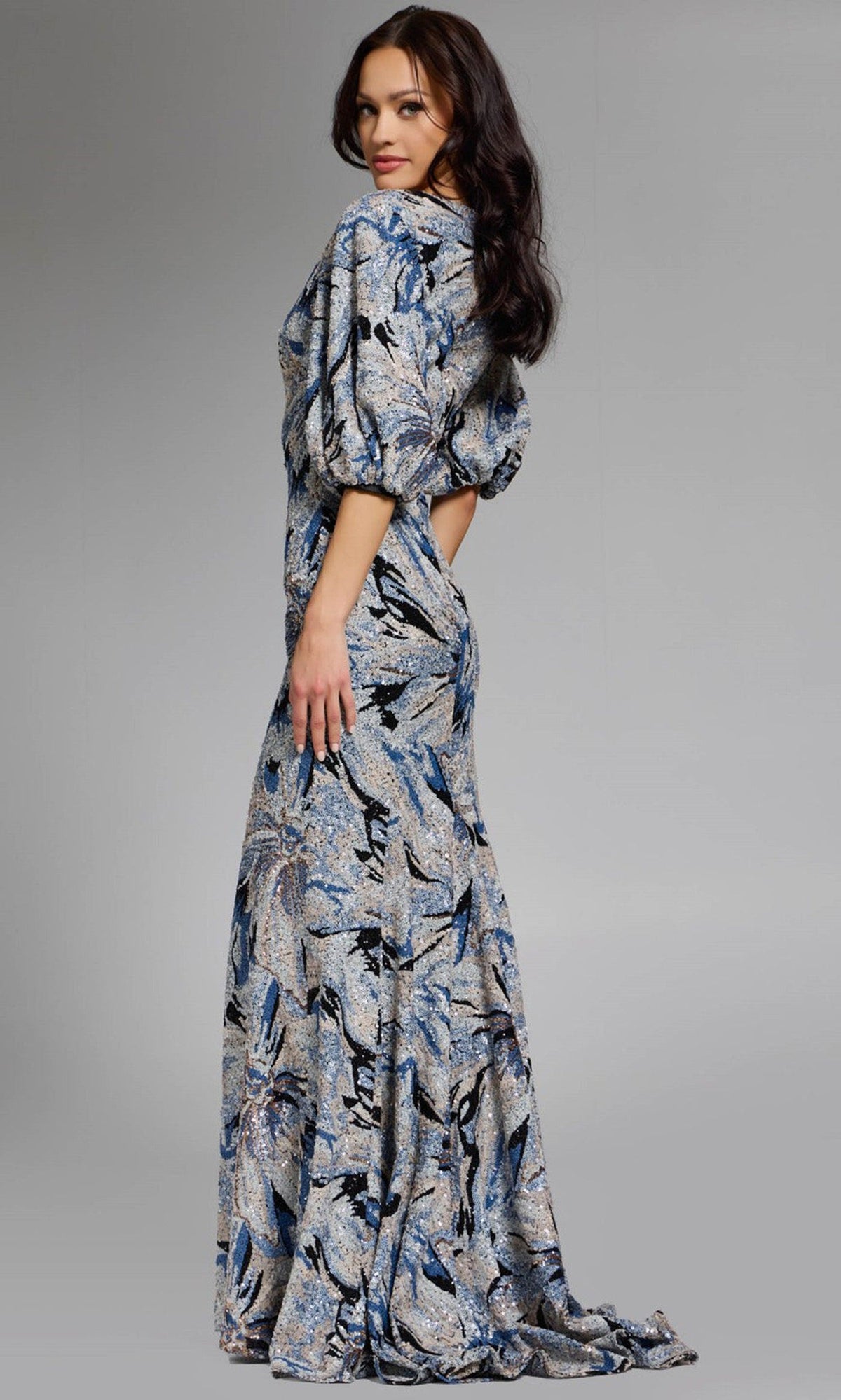 Jovani 39692 - Puff Sleeve Floral Embellished Gown