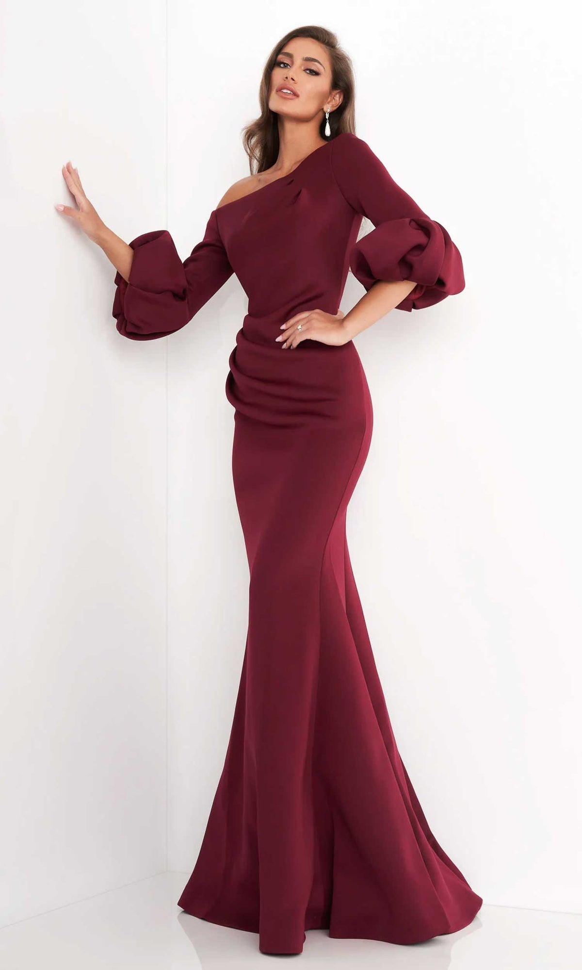 Jovani - 39739 Pleat Mother of the Groom Trumpet Gown - Wine - Main