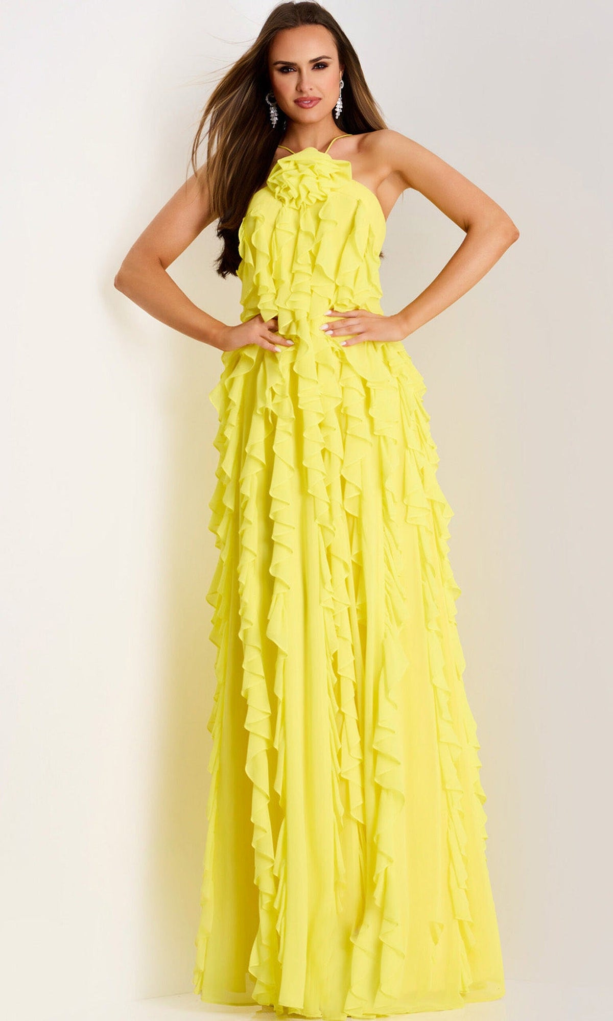 Jovani 39823 - Halter Chiffon Ruffle Evening Gown - Yellow - Main